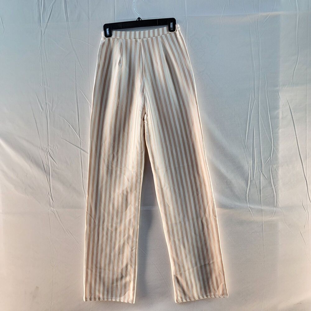 PrettyLittleThing Beige/White Striped Casual Wide Leg Pants w POCKETS Small - Picture 5 of 10